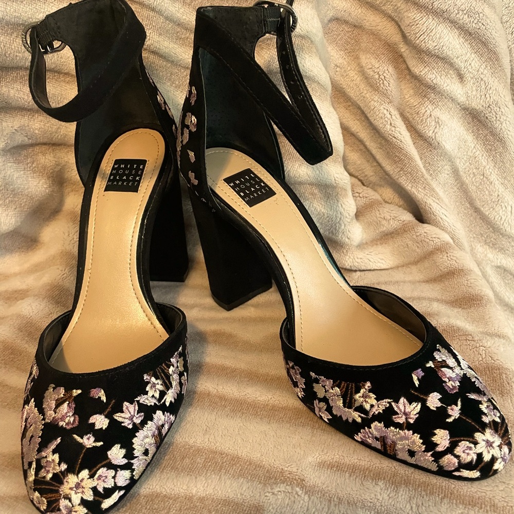White House Black Market floral ankle strap pumps size 6.5 & a size 6 worn once!